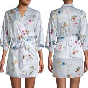 FLORA NIKROOZ Penelope Floral Print Wrap Robe satin blue size XS/S